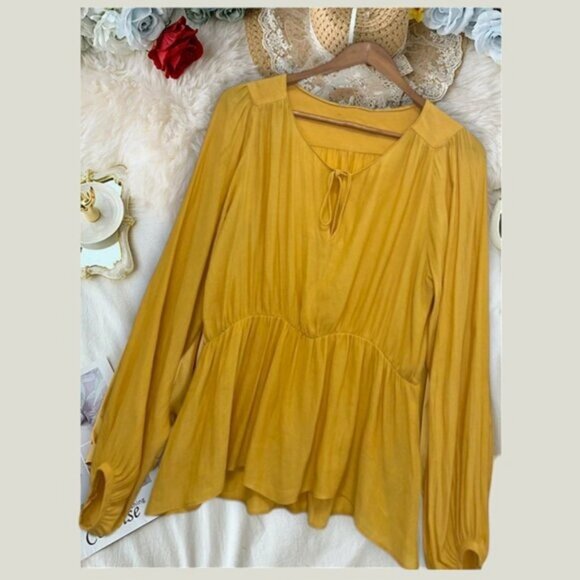 Bahamas Bohemian Tuscany Yellow Bishop Tie front Peplum Blouse- XS (looser fit) - Picture 3 of 16